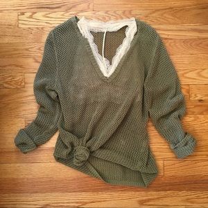 Crochet Olive Green Fall Sweater | Cotton